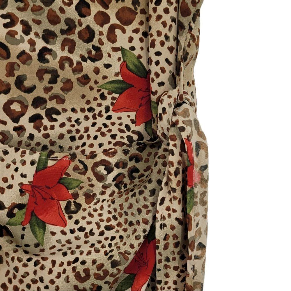 Vintage Tan Leopard Red Lily Print Sleeveless Mock Side Tie Hostess Dress Sz M - Picture 10 of 14
